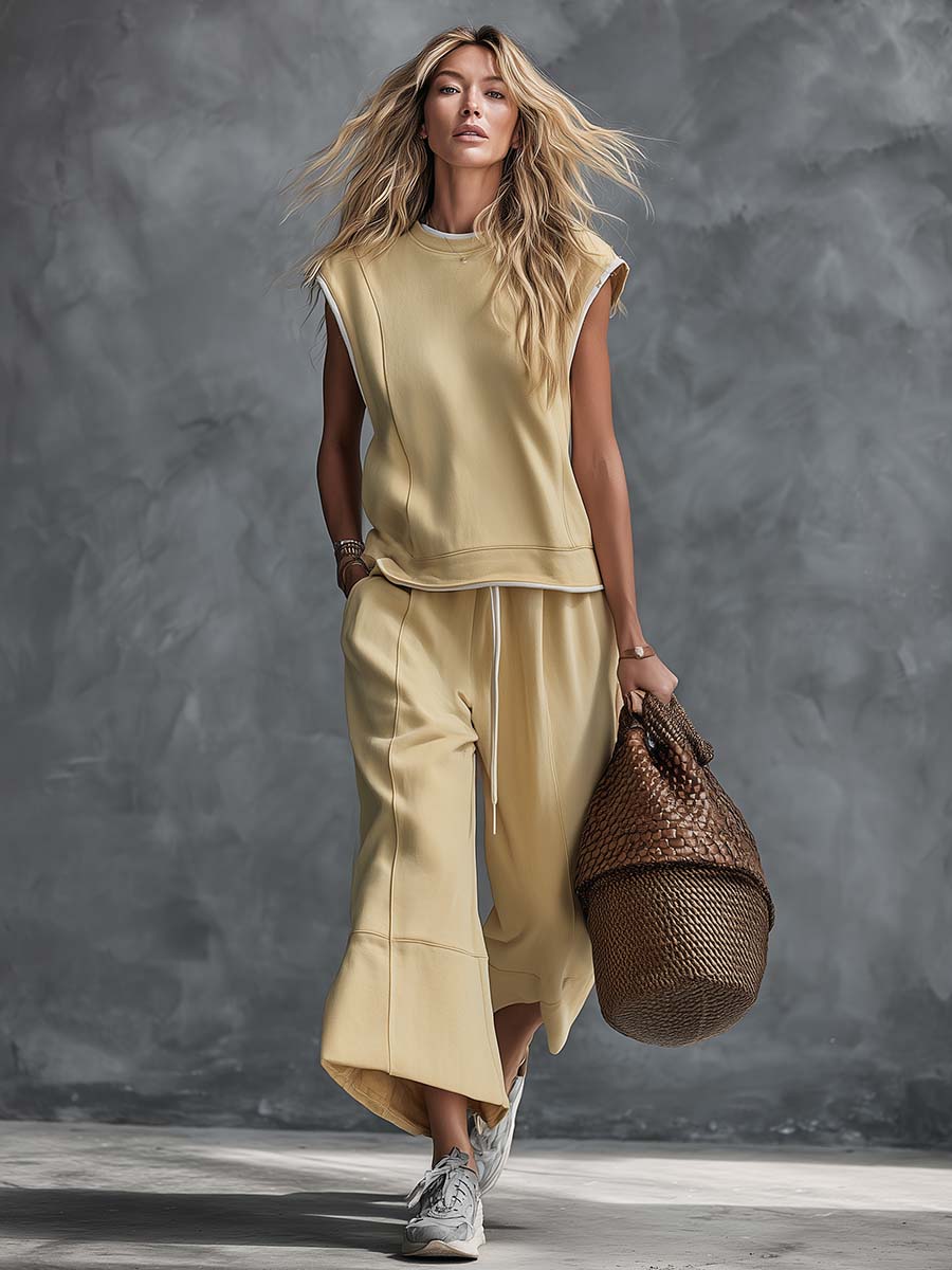 Retro-Casual Sports Light Yellow Cotton Crew-Neck Top And Cropped Pants Set  - By Qivii