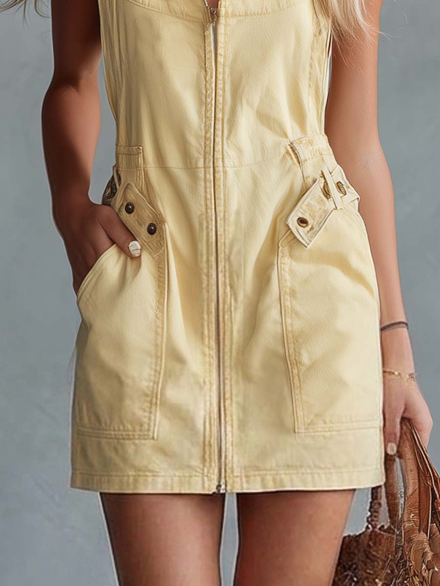 Casual Retro Square Neck Front Zipper Light Yellow Denim Mini Dress  - By Qivii
