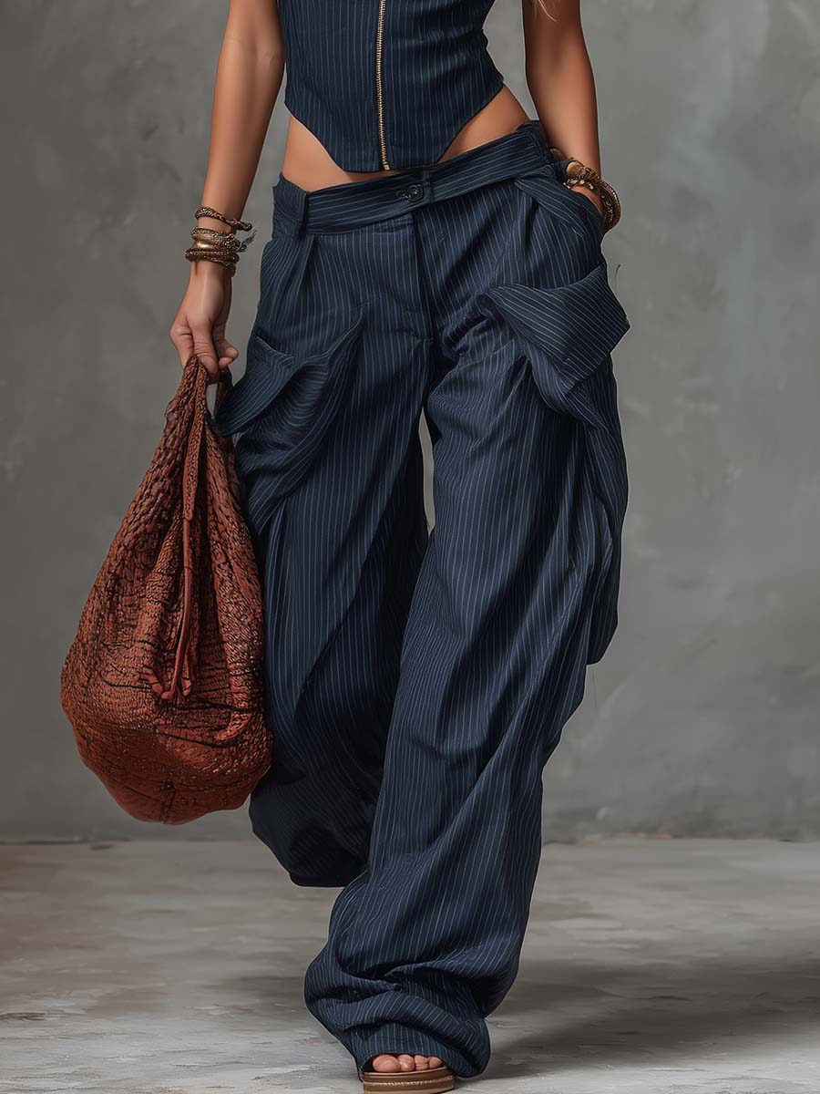 Personality Retro Casual Navy Blue Striped Square-Neck Front Zipper Top And Pants Set  - By Qivii