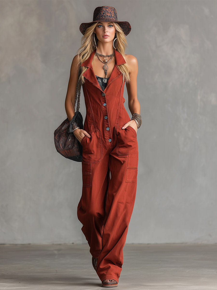 Retro-Chic Rust-Red Collared Denim Jumpsuit  - By Qivii
