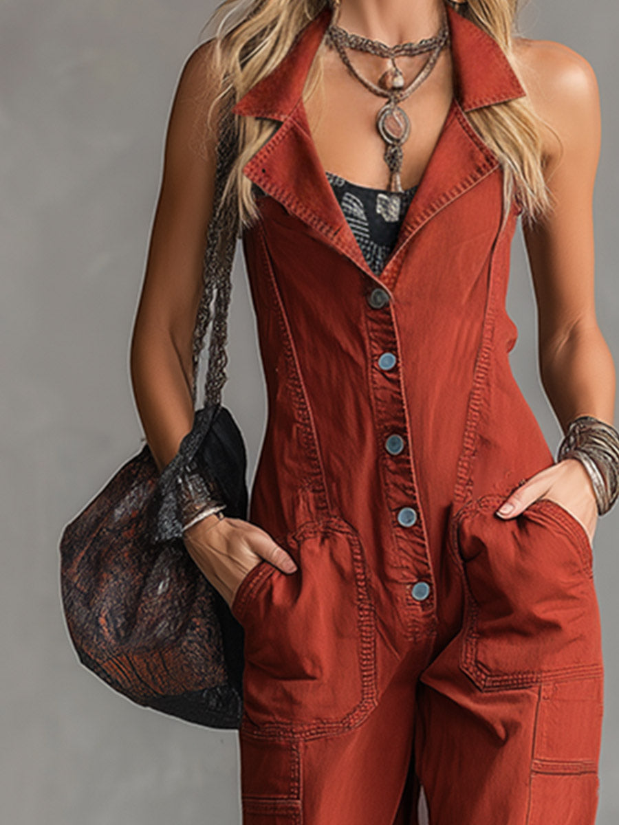 Retro-Chic Rust-Red Collared Denim Jumpsuit  - By Qivii