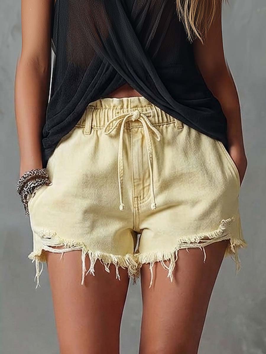 Casual & Versatile Light Yellow Distressed Denim Hot Pants  - By Qivii