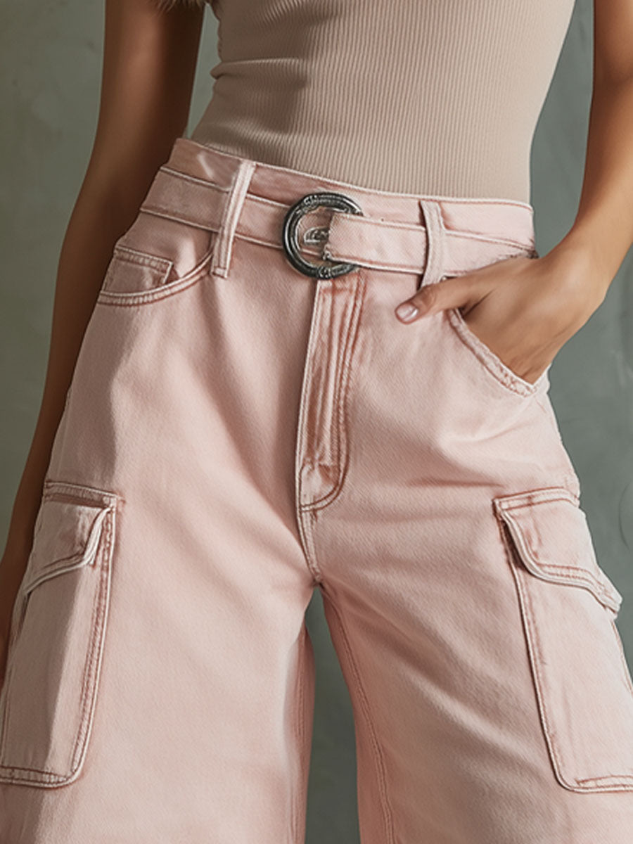Retro Loose Pink Multi-pocket Denim Shorts  - By Qivii