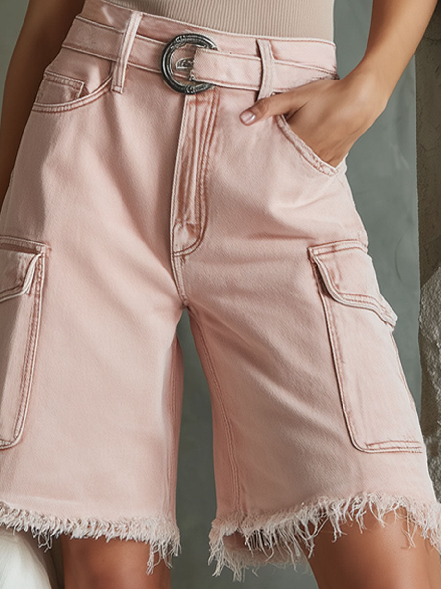 Retro Loose Pink Multi-pocket Denim Shorts  - By Qivii