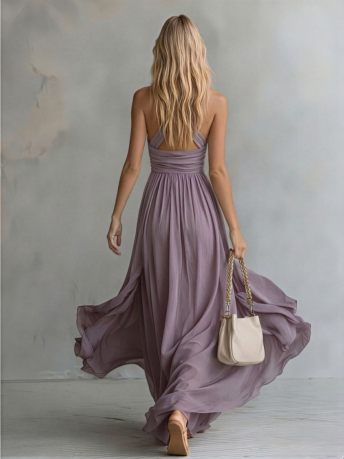 Elegant And Stylish Halter Neck V-neck Sleeveless Chiffon Maxi Dress  - By Qivii