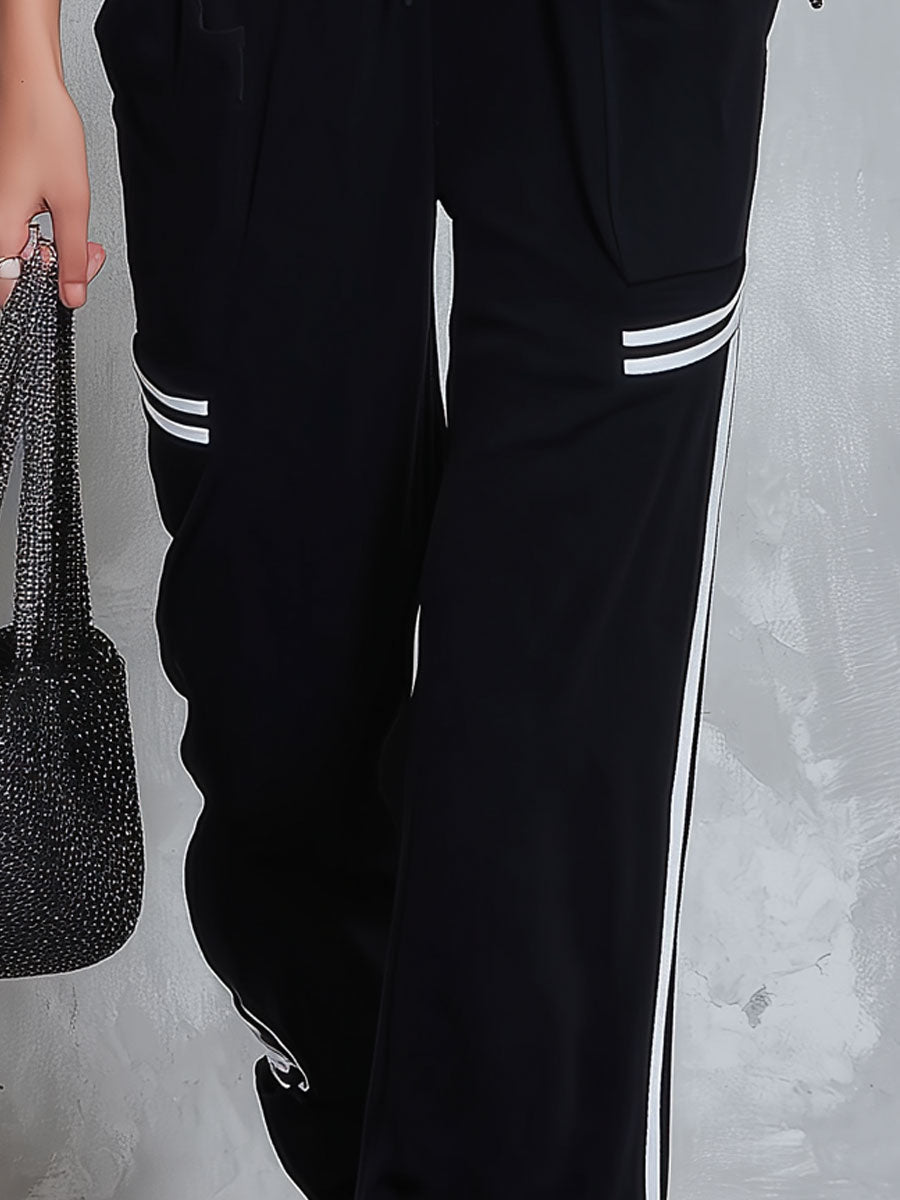 Retro Casual Sporty Color-blocked Black Sleeveless V-neck Cotton Jumpsuit  - By Qivii