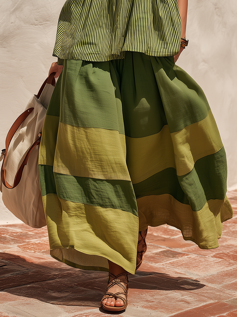 Retro-chic Striped Top And Color-blocked Wide-leg Pants  - By Qivii