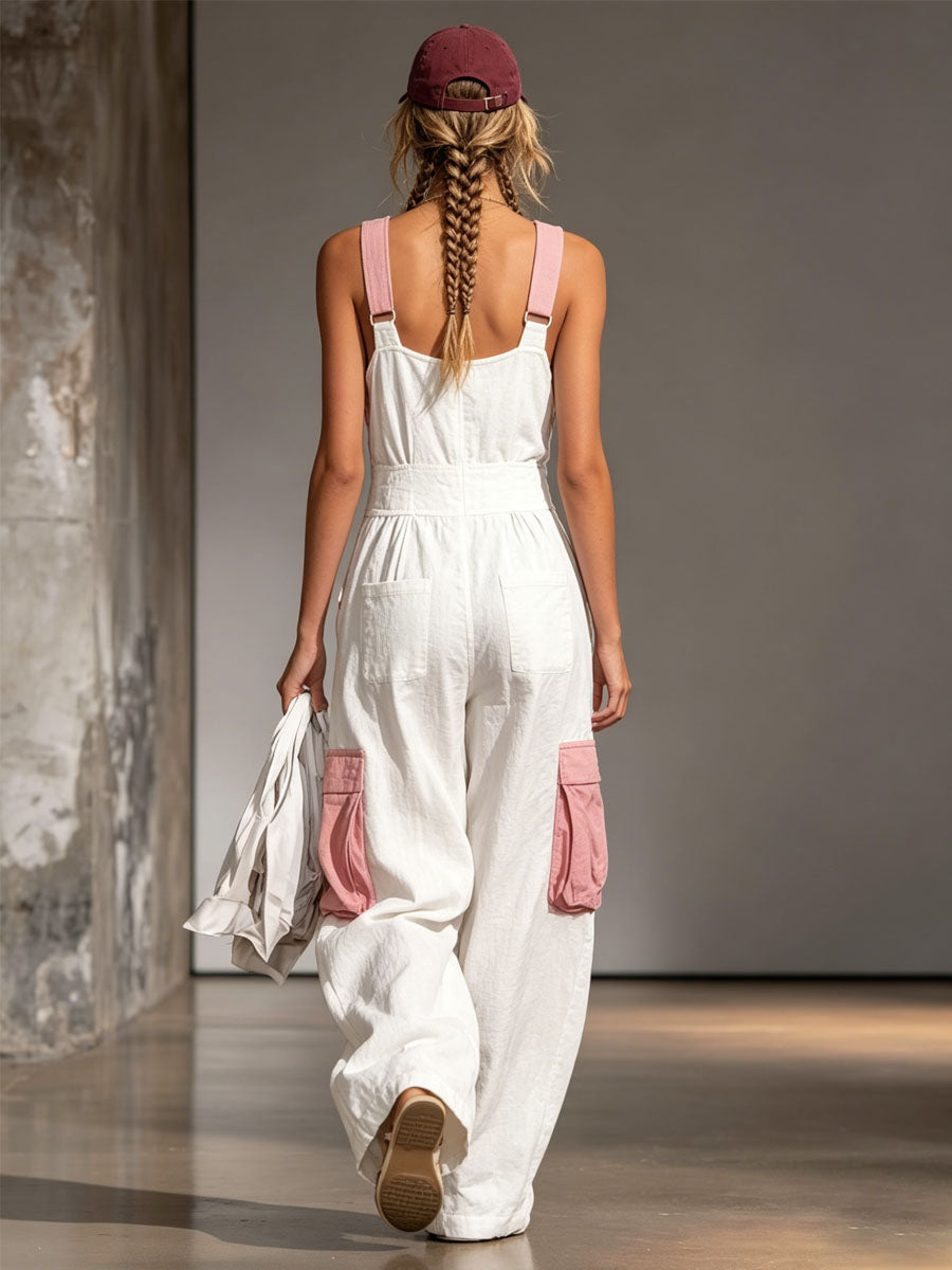 Color-blocked Wide-strap Sleeveless Multi-pocket Jumpsuit  - By Qivii