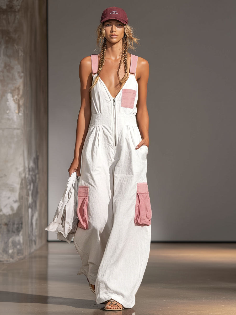 Color-blocked Wide-strap Sleeveless Multi-pocket Jumpsuit  - By Qivii