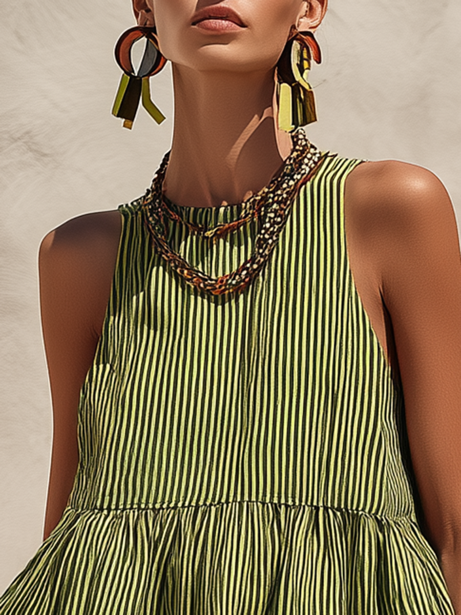 Retro Vacation Striped Cotton And Linen Tank Top  - By Qivii