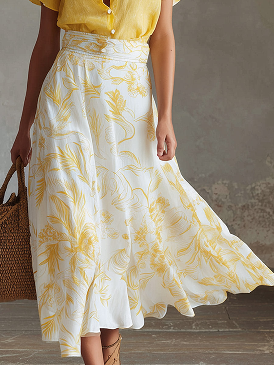 Elegant Summer Vacation Outfit Yellow Cotton-Linen T-Shirt & Moon-Print Chiffon Skirt Set  - By Qivii