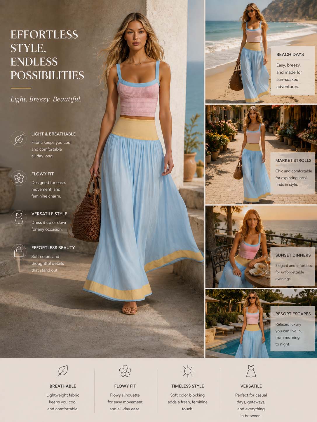 Capri Pastel Maxi Skirt Set Dreamy Coastal Energy  - By Qivii