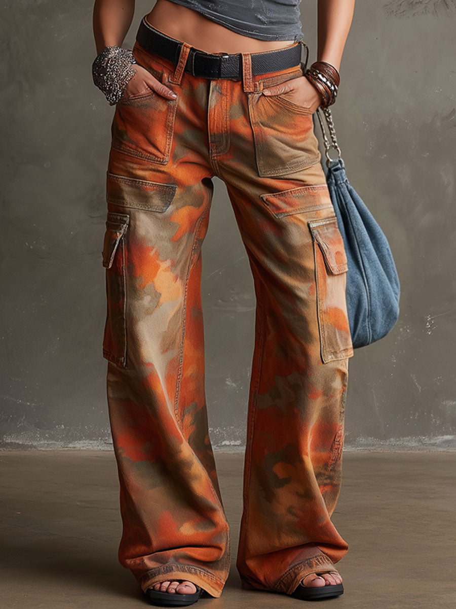 Western Retro Orange Camouflage Work Jeans  - By Qivii