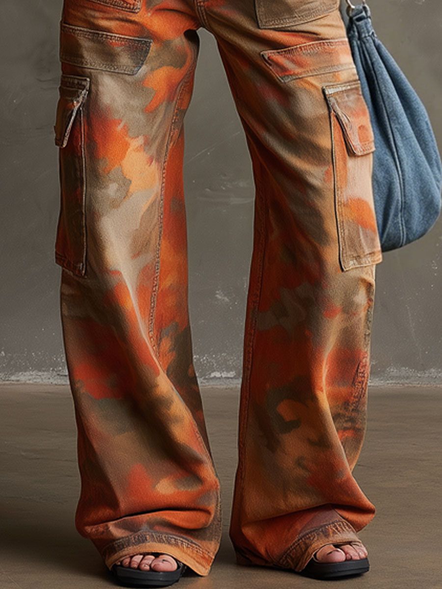 Western Retro Orange Camouflage Work Jeans  - By Qivii
