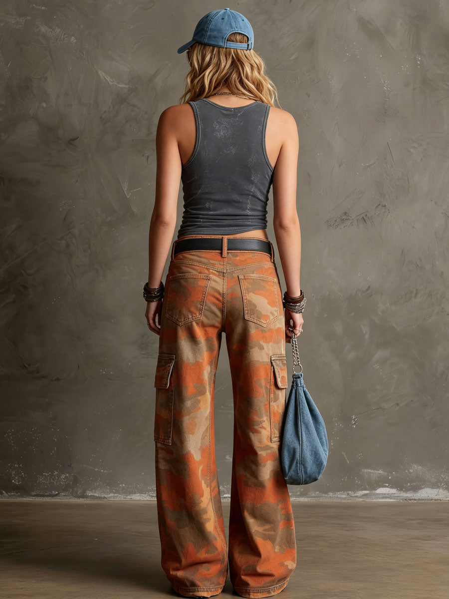Western Retro Orange Camouflage Work Jeans  - By Qivii