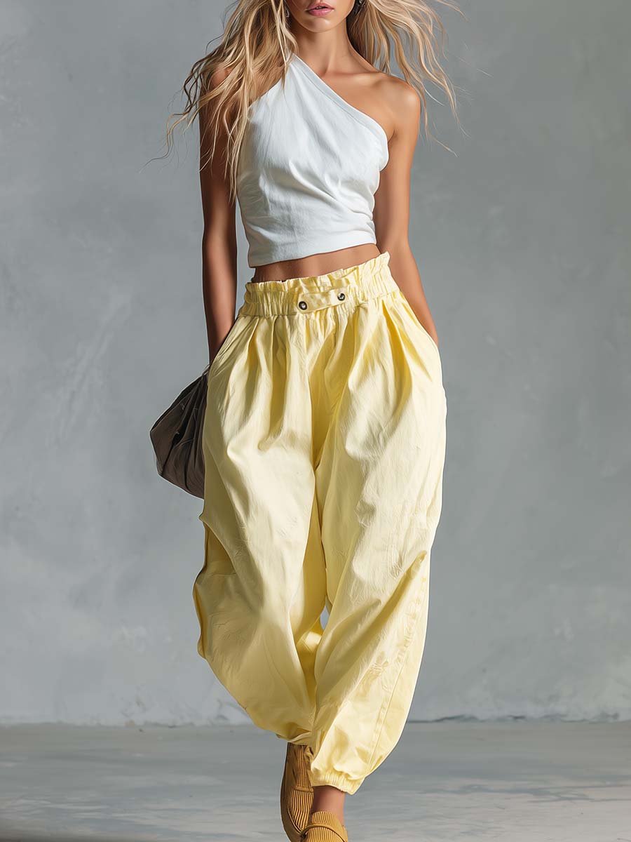 Casual Fashion White Cotton-Linen One-Shoulder Top And Light Yellow Pants Set  - By Qivii