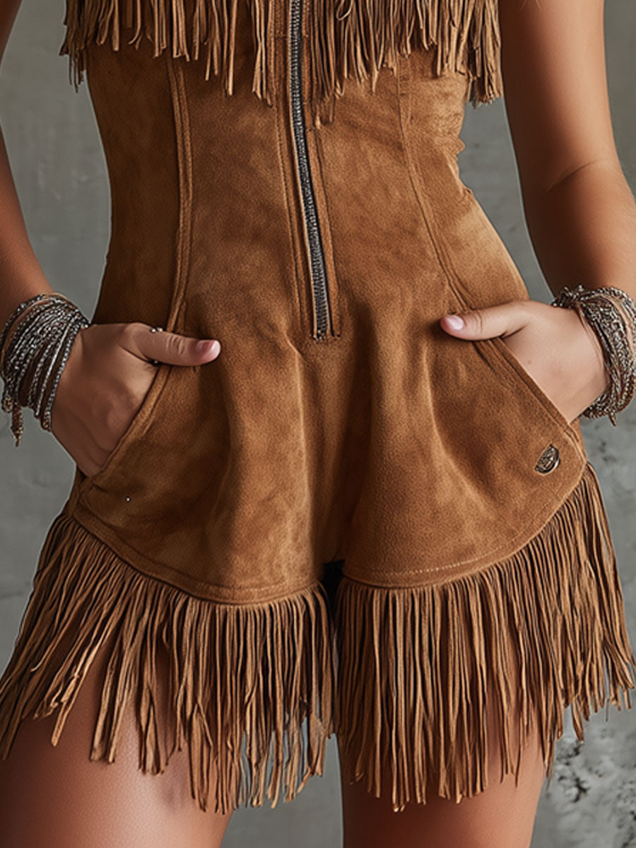 Western Retro Brown Faux Suede Sleeveless Fringe Shorts Jumpsuit  - By Qivii