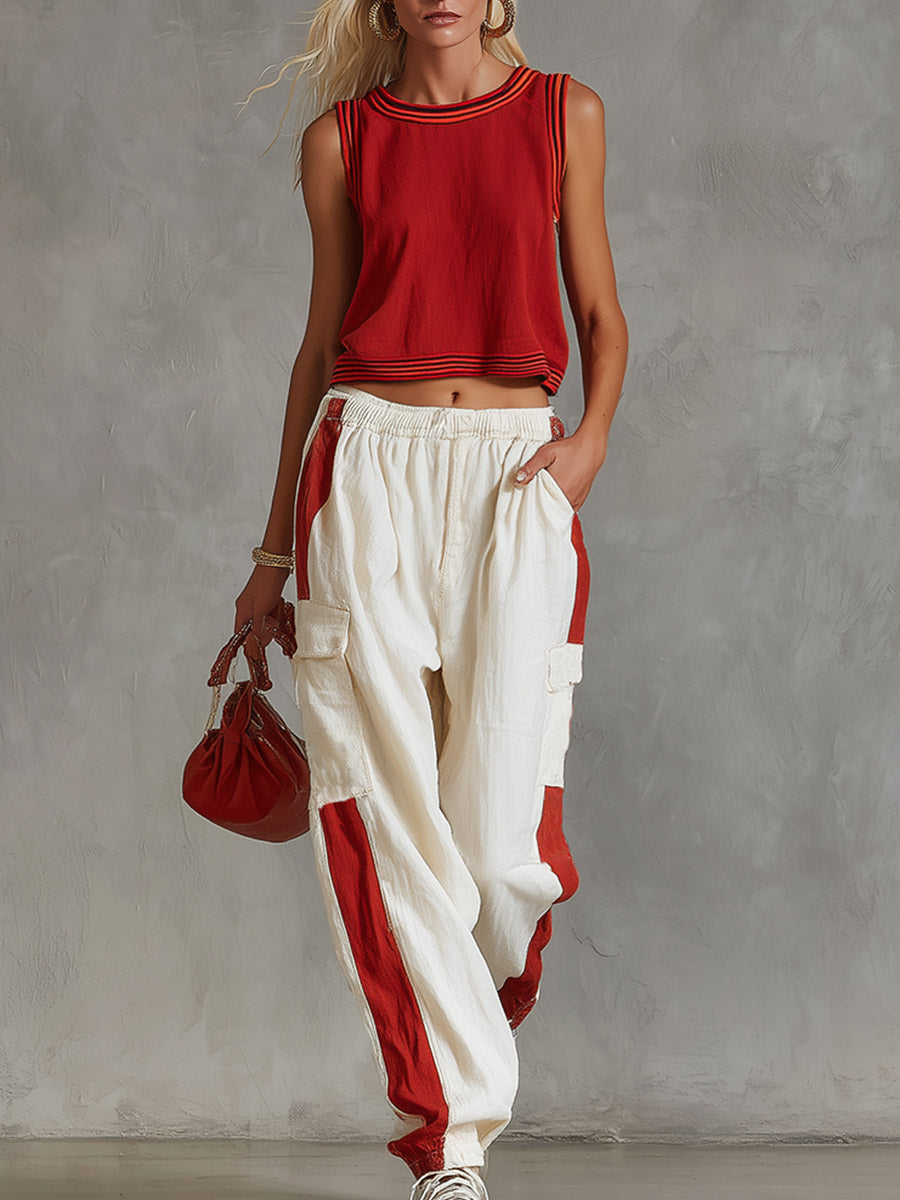 Casual & Stylish Red Vest And White Cargo Pants Cotton-Linen Set  - By Qivii