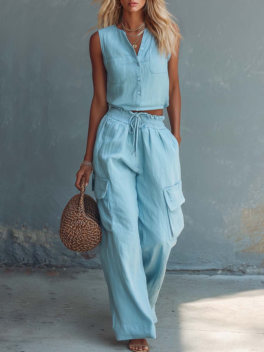Casual Fashion Light Blue Cotton-Linen Crew-Neck Top And Wide-Leg Pants Set  - By Qivii