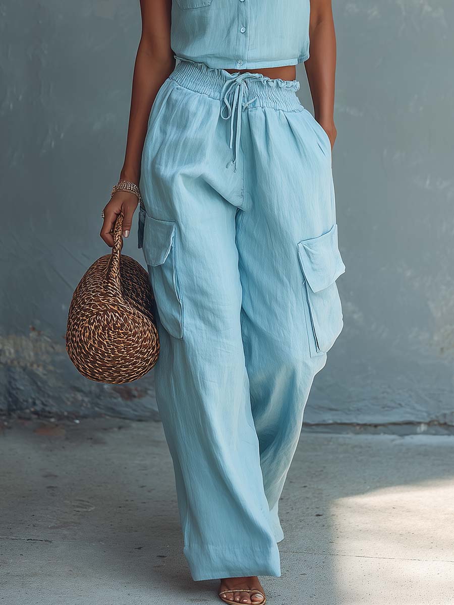 Casual Fashion Light Blue Cotton-Linen Crew-Neck Top And Wide-Leg Pants Set  - By Qivii