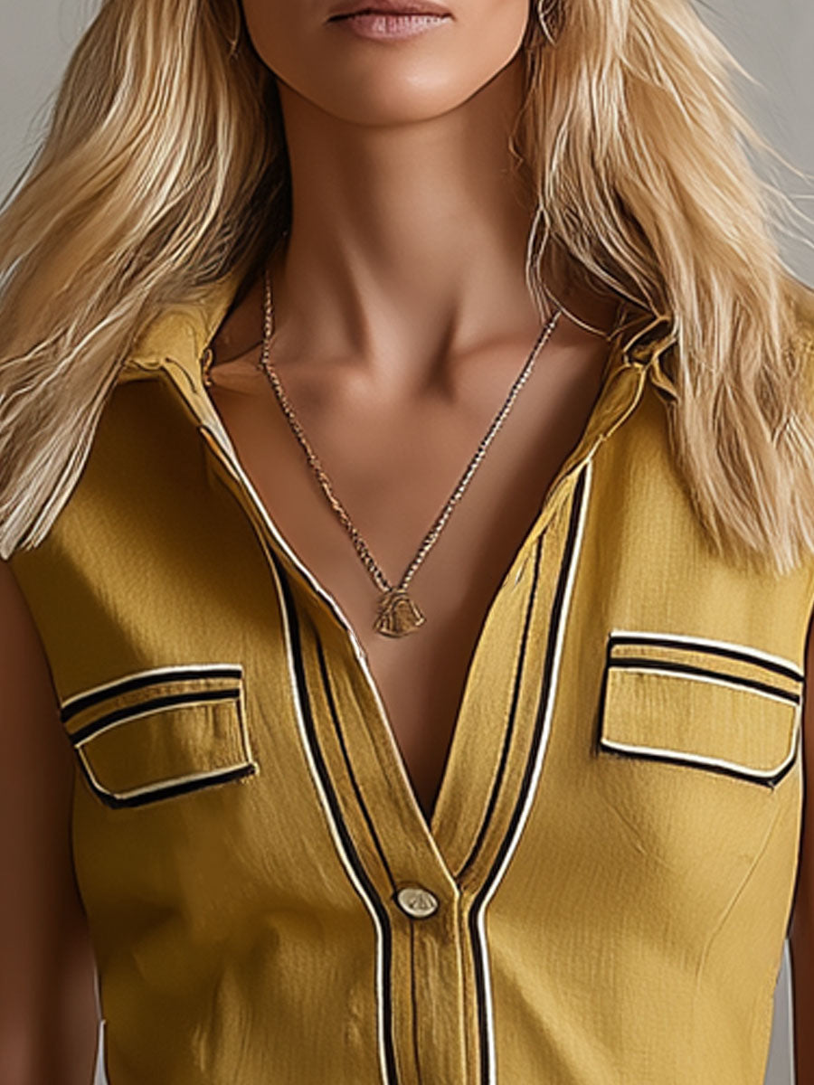 Casual Retro Color-blocked Ribbon Yellow Sleeveless Collared Cotton And Linen Mini Dress  - By Qivii