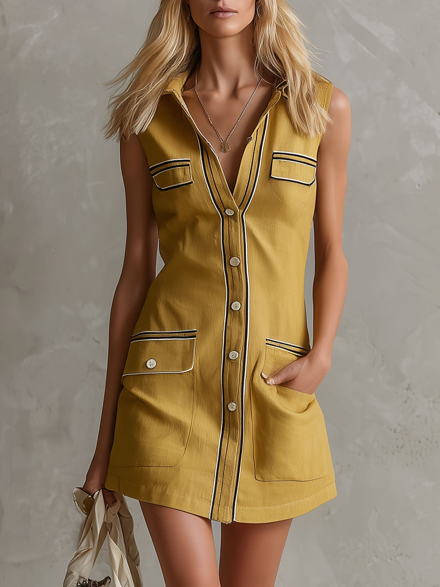 Casual Retro Color-blocked Ribbon Yellow Sleeveless Collared Cotton And Linen Mini Dress  - By Qivii