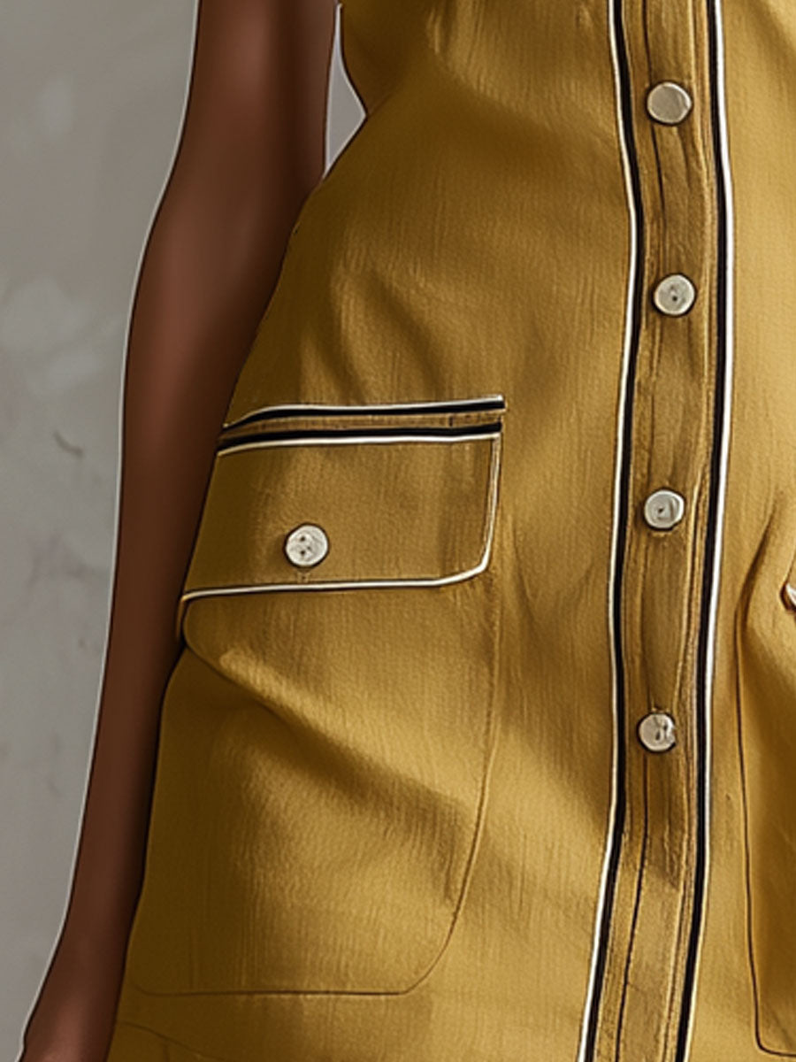 Casual Retro Color-blocked Ribbon Yellow Sleeveless Collared Cotton And Linen Mini Dress  - By Qivii