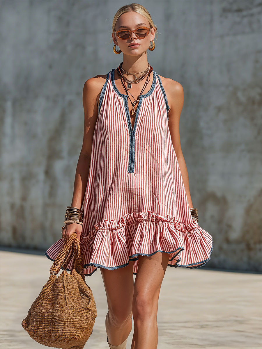 Casual Retro Ruffled Red And White Striped Cotton Linen Sleeveless Mini Dress  - By Qivii