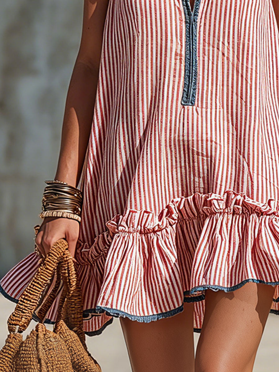 Casual Retro Ruffled Red And White Striped Cotton Linen Sleeveless Mini Dress  - By Qivii