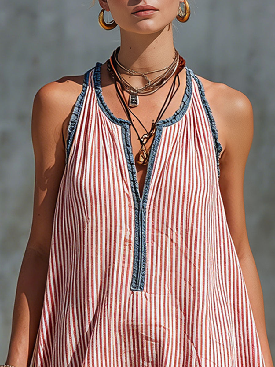 Casual Retro Ruffled Red And White Striped Cotton Linen Sleeveless Mini Dress  - By Qivii