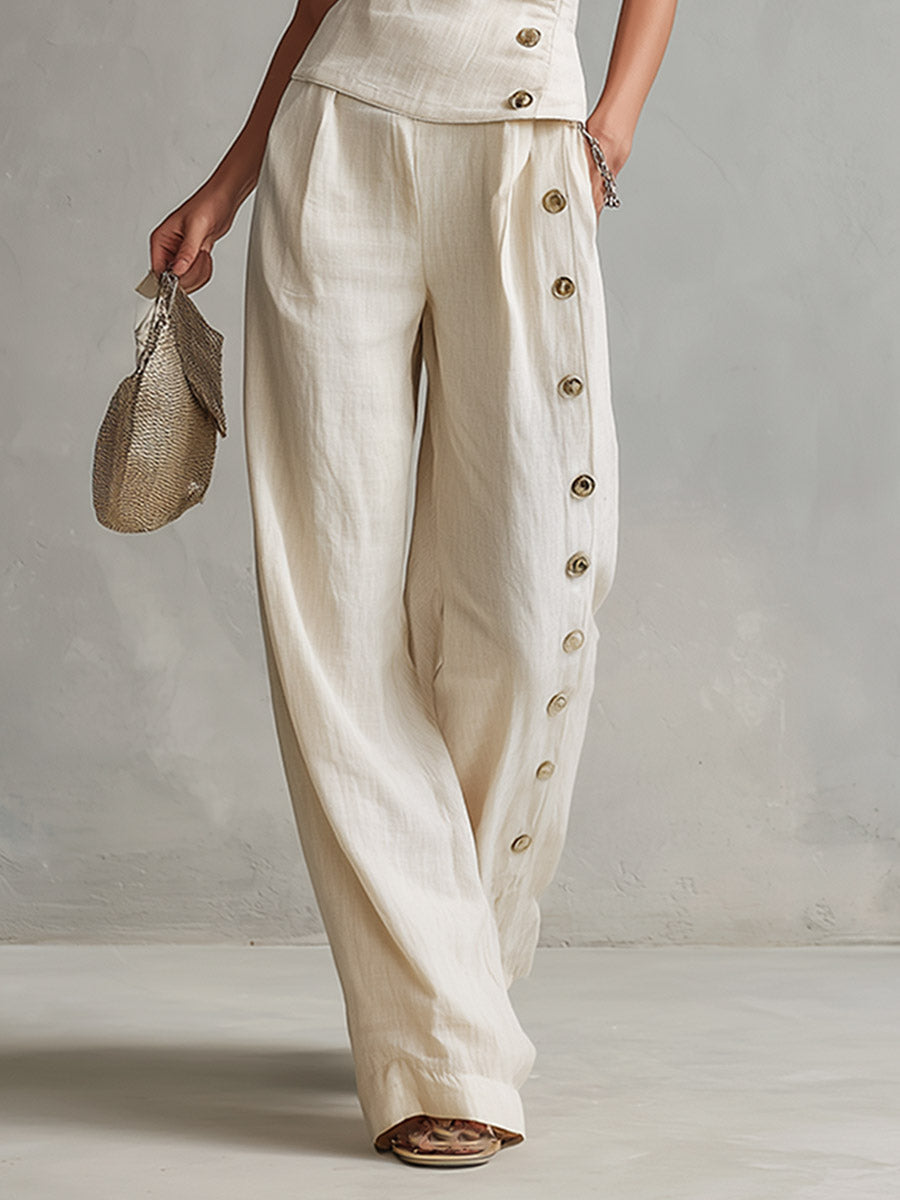 Urban Minimalist Off-White One-Shoulder Button-Detail Top & Wide-Leg Linen Trousers Set  - By Qivii