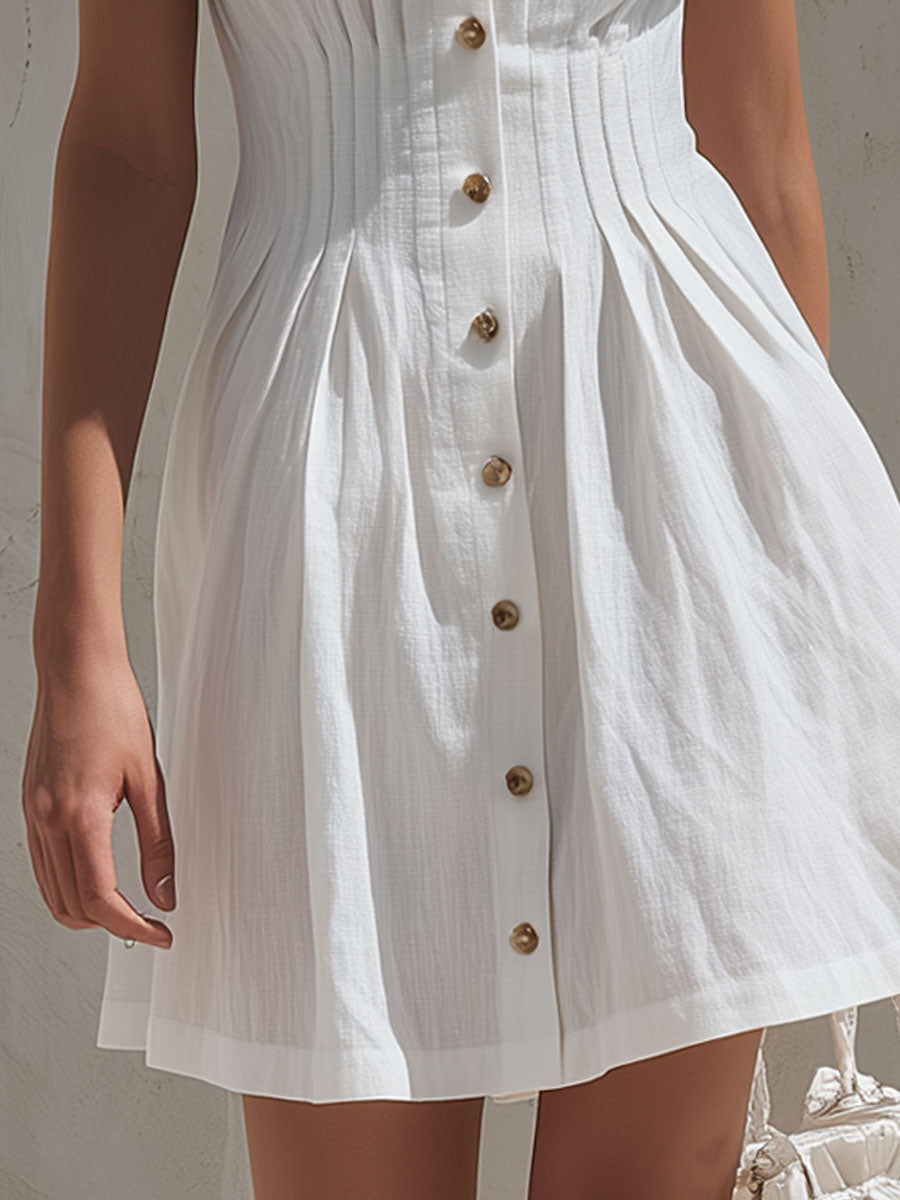 Casual Retro White Sleeveless Collared Button-down Pleated Cotton Linen Mini Dress  - By Qivii