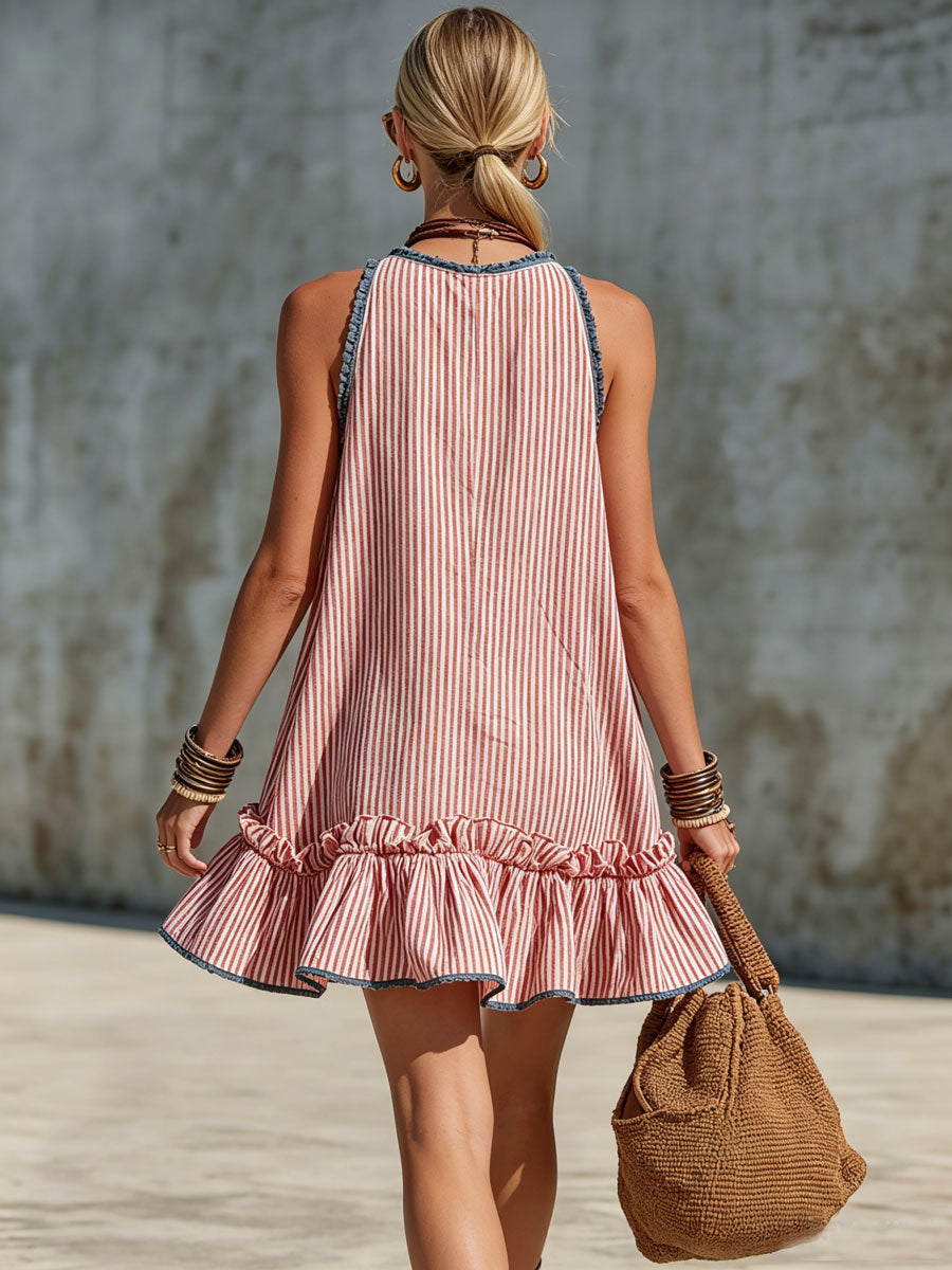 Casual Retro Ruffled Red And White Striped Cotton Linen Sleeveless Mini Dress  - By Qivii