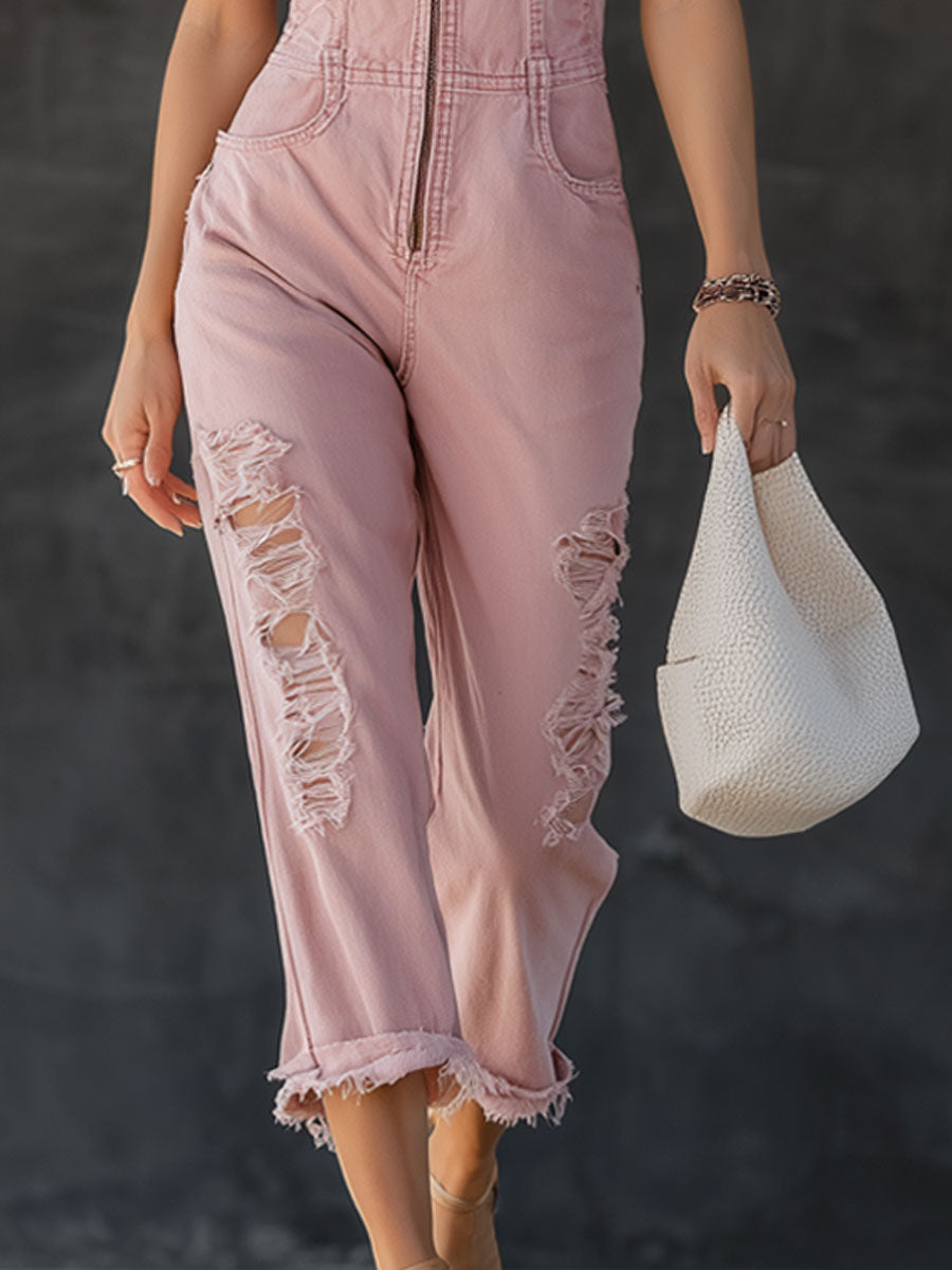 Fashionable Retro Pink Denim Sleeveless Zippered Ripped Jumpsuit  - By Qivii