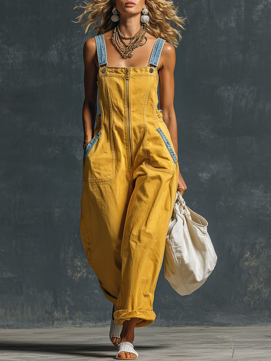 Western Retro Blue And Yellow Denim Vest-style Zip-up Jumpsuit  - By Qivii