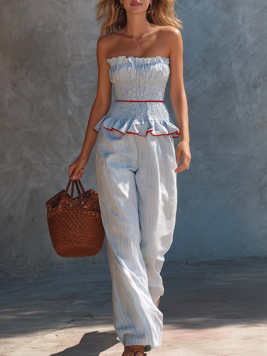 Coastal Resort Light Blue Striped Strapless Top And Trousers Set  - By Qivii