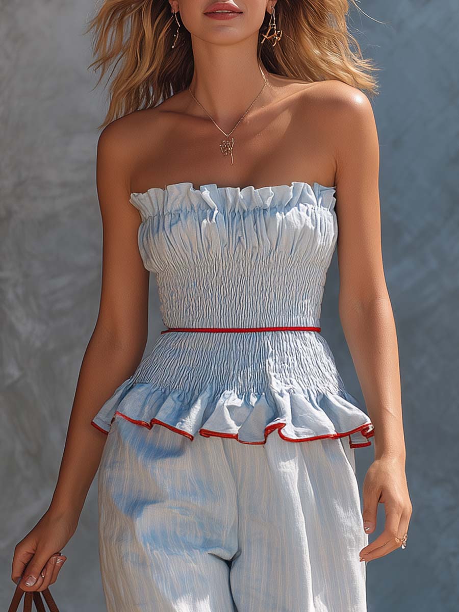 Coastal Resort Light Blue Striped Strapless Top And Trousers Set  - By Qivii