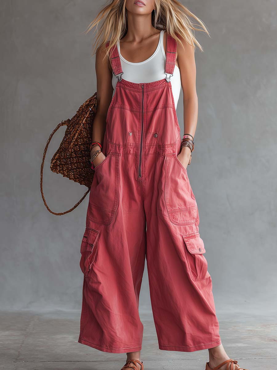 Women's Washed Coral Denim Utility Overalls Jumpsuit  - By Qivii