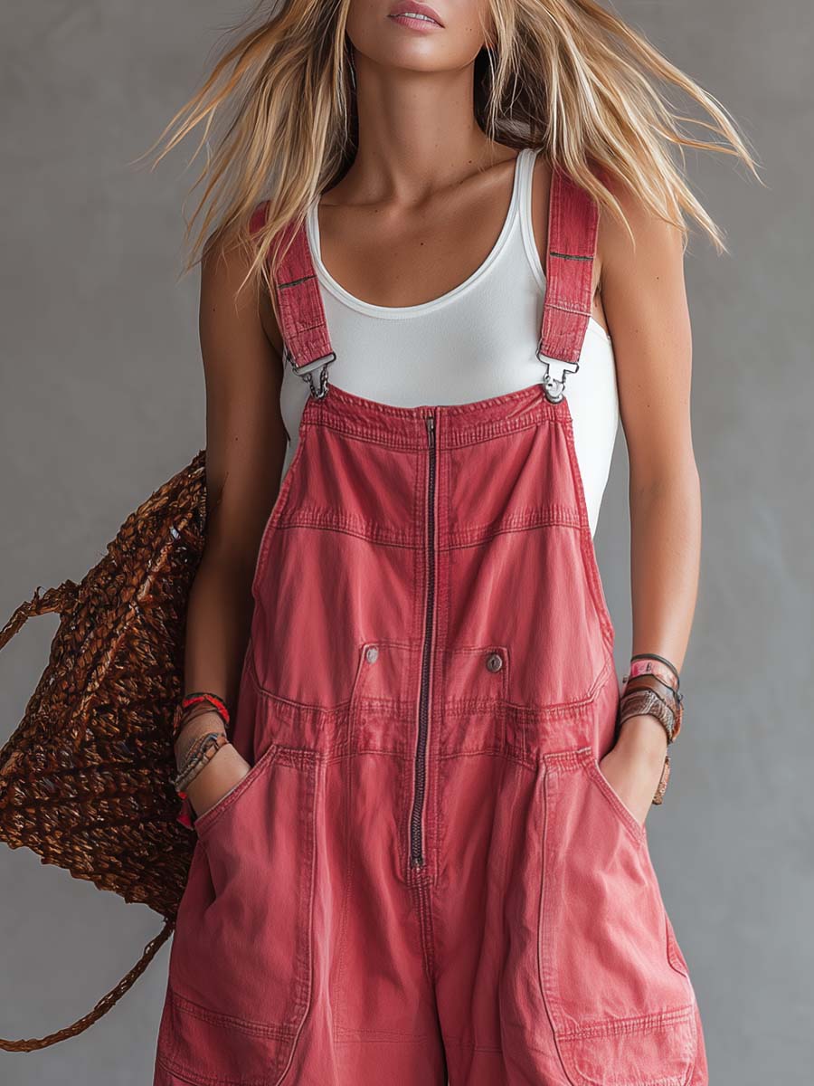 Women's Washed Coral Denim Utility Overalls Jumpsuit  - By Qivii