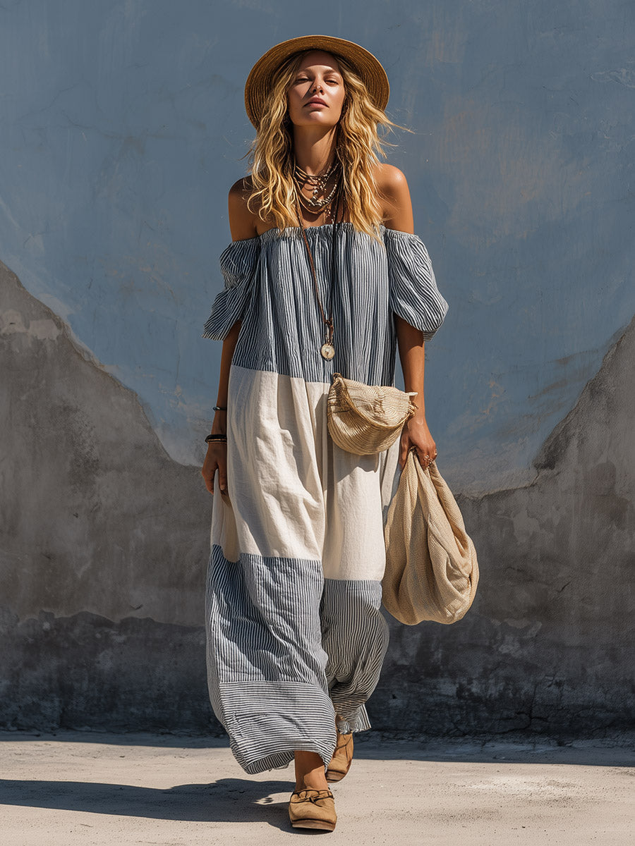 Retro-casual Blue And White Striped Off-the-shoulder Maxi Dress  - By Qivii