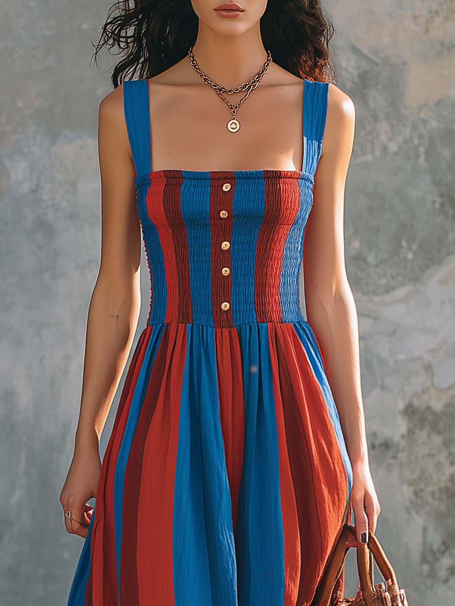 Mediterranean Stripe Smocked Cotton Linen Maxi Dress  - By Qivii