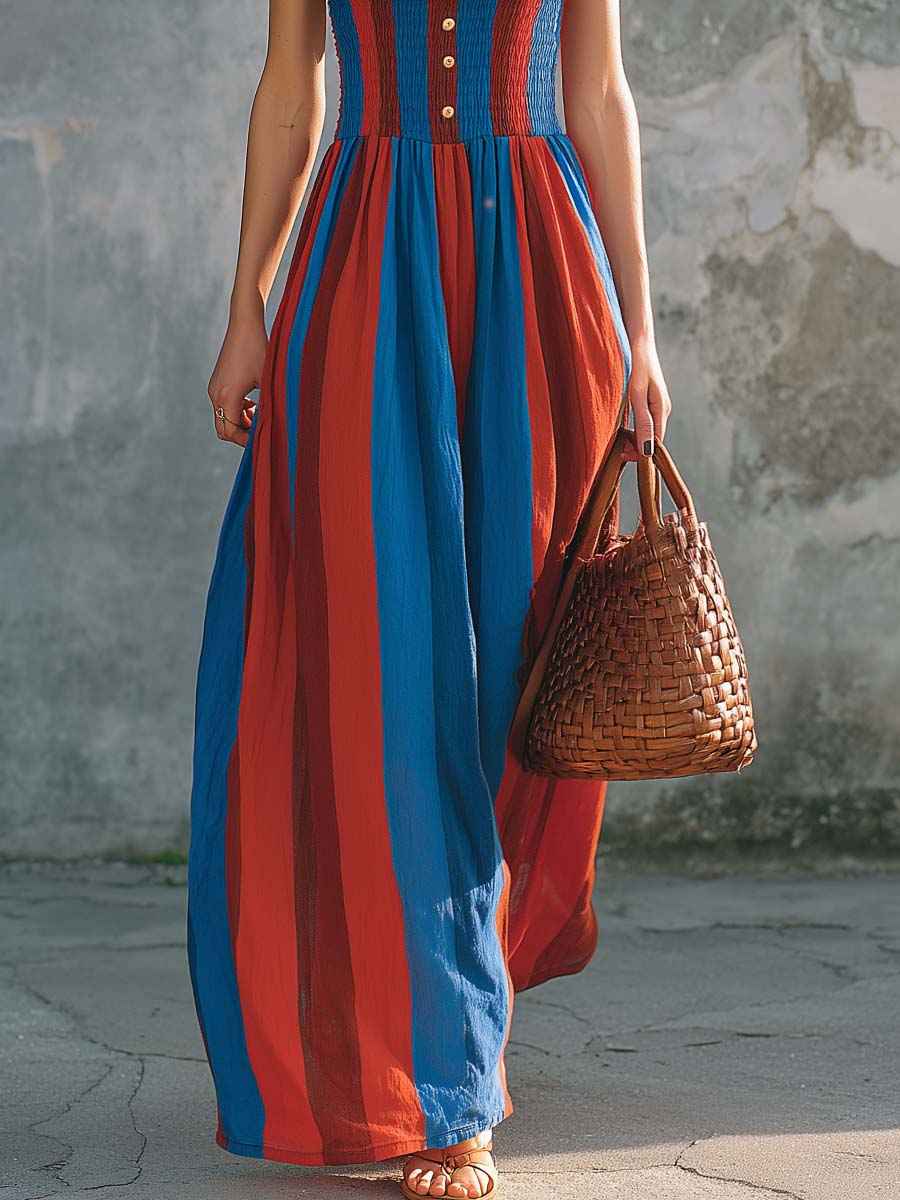 Mediterranean Stripe Smocked Cotton Linen Maxi Dress  - By Qivii