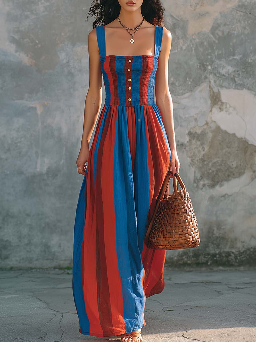 Mediterranean Stripe Smocked Cotton Linen Maxi Dress  - By Qivii