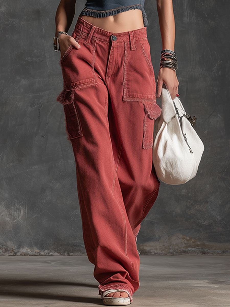 Casual Retro Red Frayed Multi-pocket Jeans  - By Qivii