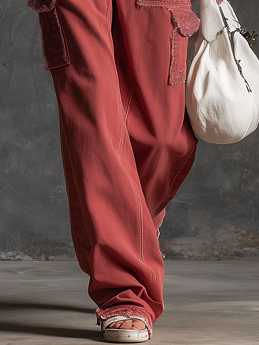 Casual Retro Red Frayed Multi-pocket Jeans  - By Qivii