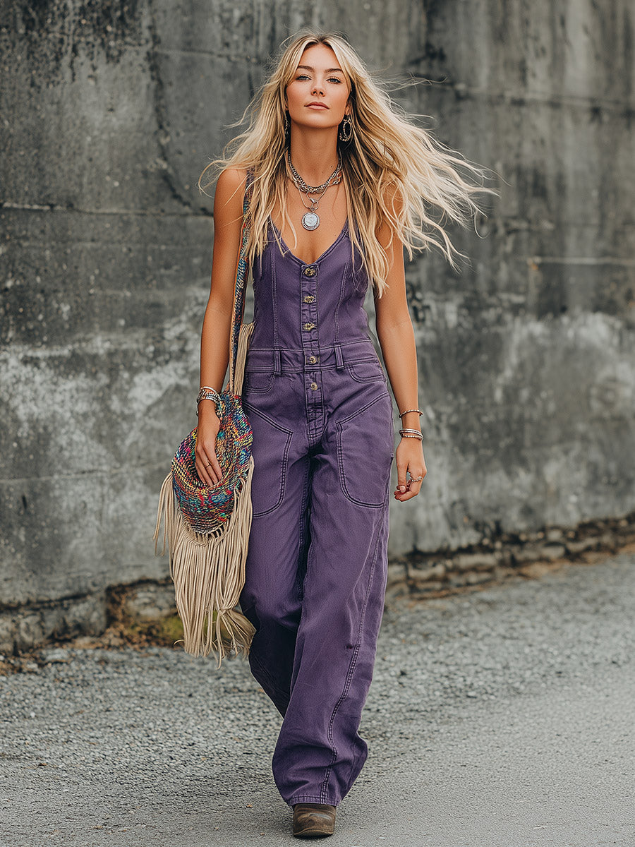 Stylish And Casual Purple Denim Utility Jumpsuit  - By Qivii
