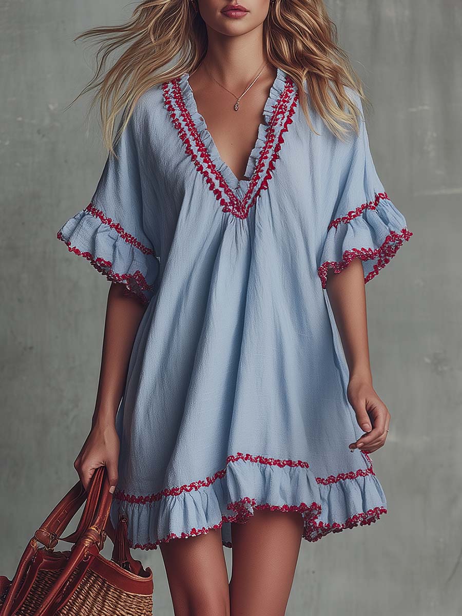 Vintage Bohemian V-neck Ruffled Hazy Blue Cotton-linen Mini Dress  - By Qivii
