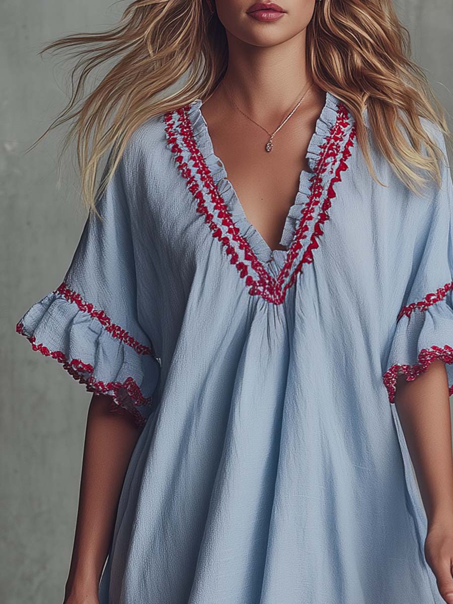 Vintage Bohemian V-neck Ruffled Hazy Blue Cotton-linen Mini Dress  - By Qivii