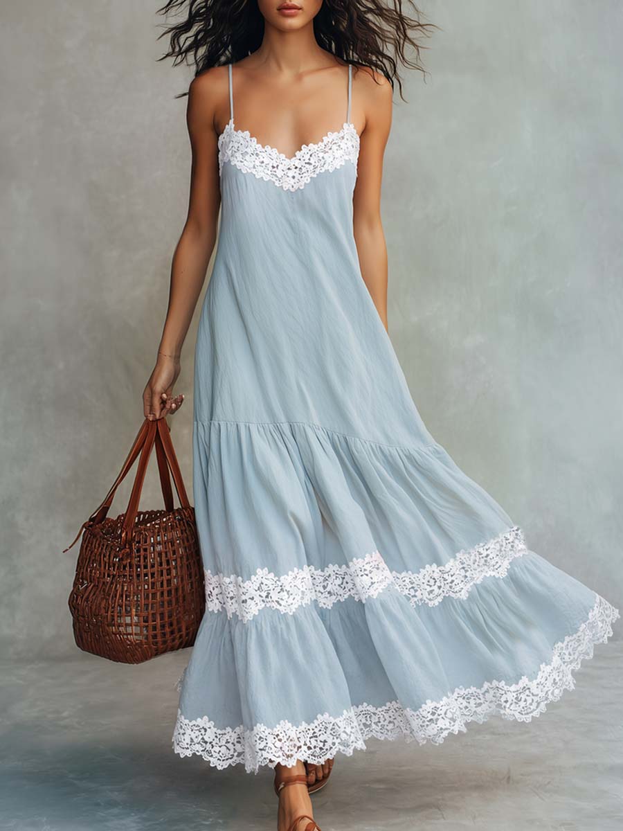 Boho Vacation Style Lace Trim Light Blue Cotton-linen Maxi Dress  - By Qivii