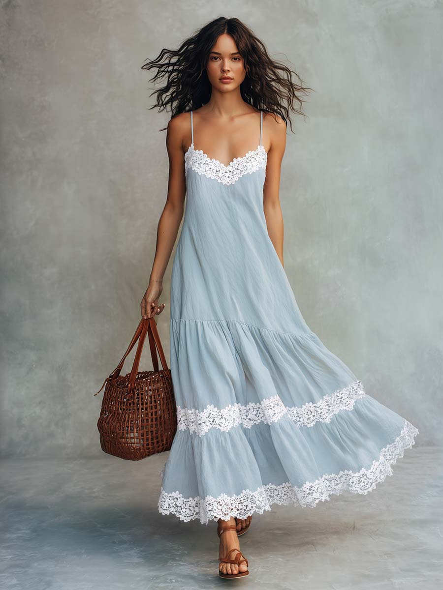 Boho Vacation Style Lace Trim Light Blue Cotton-linen Maxi Dress  - By Qivii
